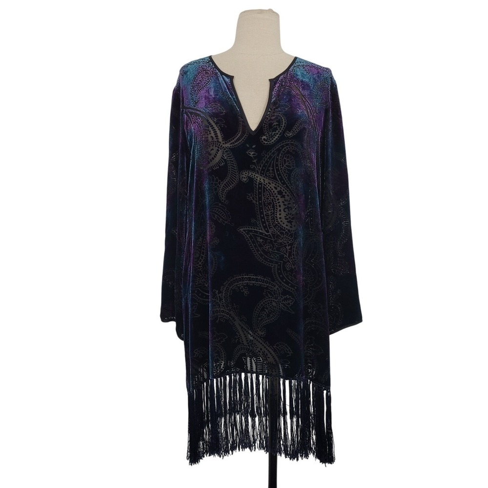 Soma Rayon‎ Silk Burnout Velvet Blouse Top M/L Black Paisley Fringe Boho Witchy